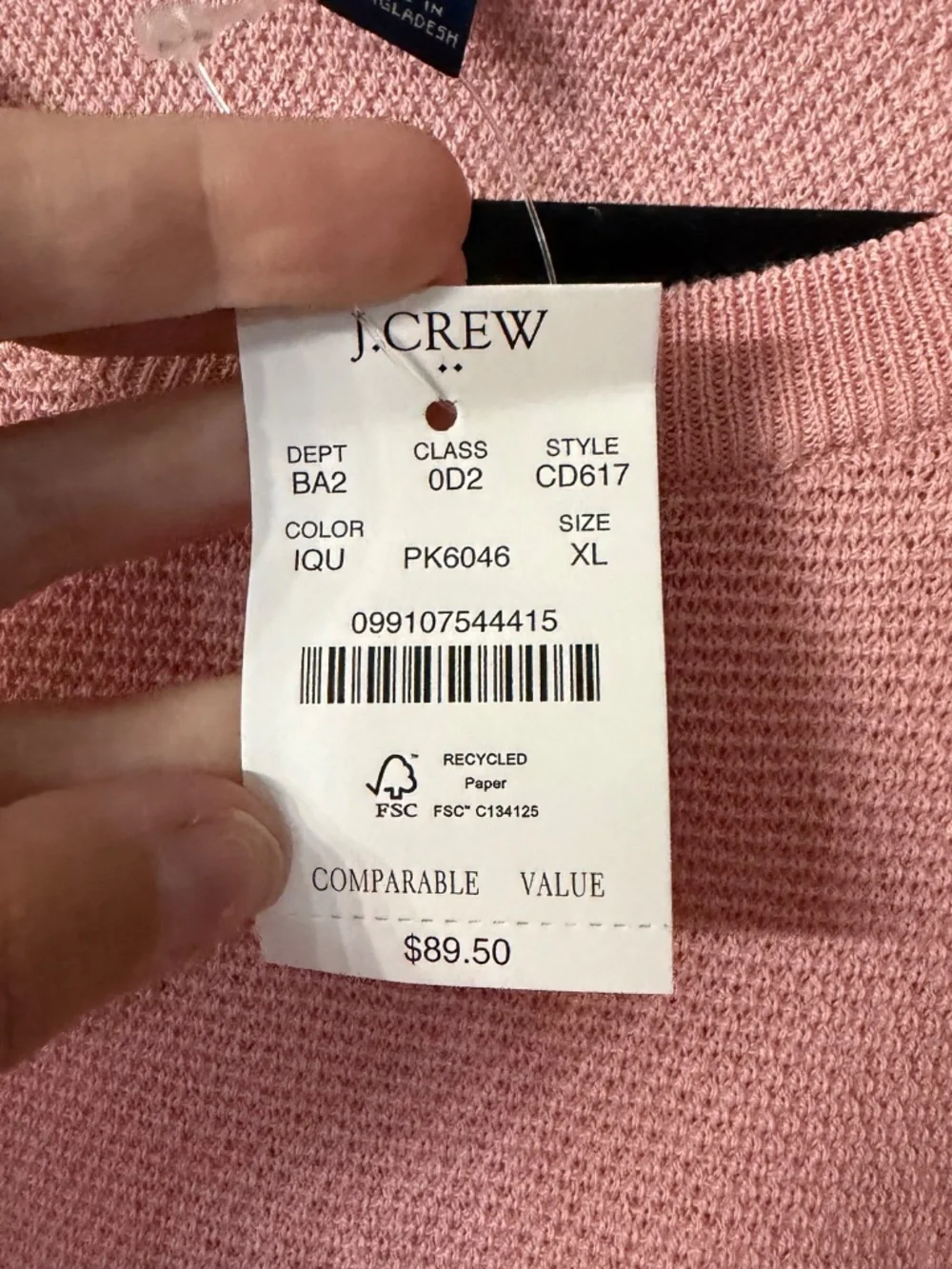 J. Crew Men’s Salmon Pink Long Sleeve Cotton Knit Crewneck Sweater Sz XL NWT